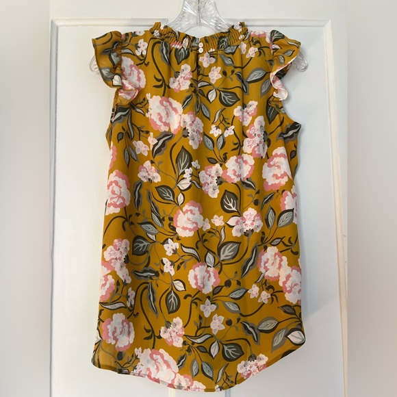 LOFT Outlet Mustard Yellow Floral Sleeveless Blouse with Flutter Sleeves - Picture 2 of 4